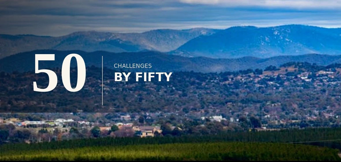 50 Challenges by Fifty over a wide Canberra mountain landscape